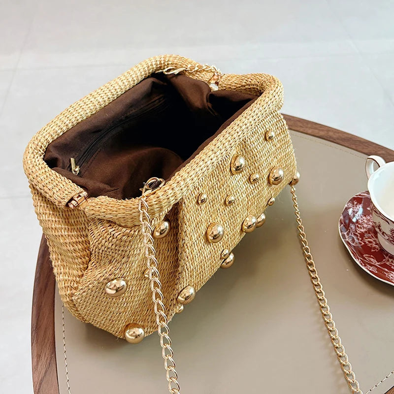 Straw Woven Metal Studded Cloud Lock Frame Evening Clutch Bag,Chic Summer Beach Party Purse,Lightweight Elegant Resort Handbag