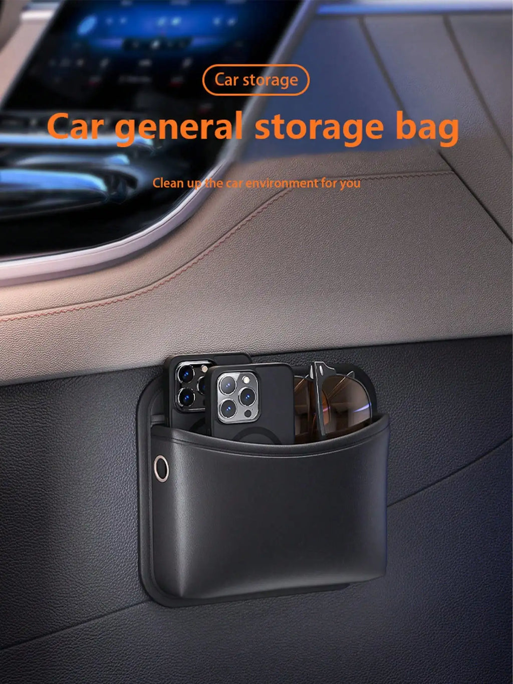 1pc Car-Mounted Storage Bag: Leather Car Storage Bag with Multi-Functional Adhesive Design, Car Phone Bag, In-Car Phone Holder P