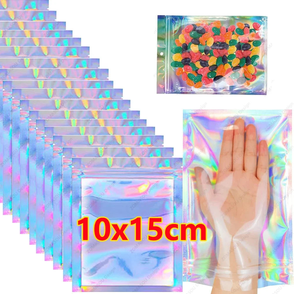 400-1PCS Color Laser Sealing Bags Plastic Holographic Candy Food Pouch Resealable Necklace Jewelry Gift Packaging Storage Bag