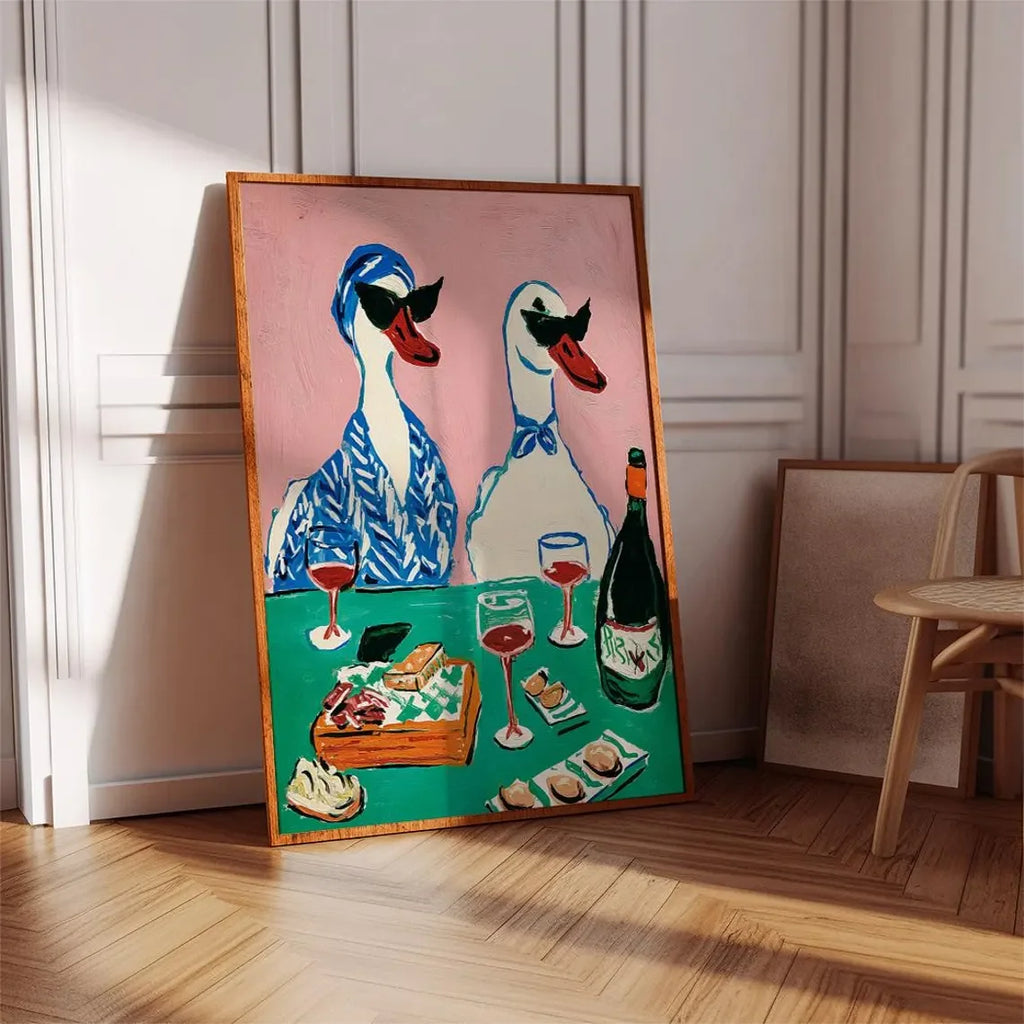 Duck Wine Party Art Print, Quirky Animal Poster, Retro Wall Art with Ducks and Wine, Fun Dining Room or Kitchen Decor