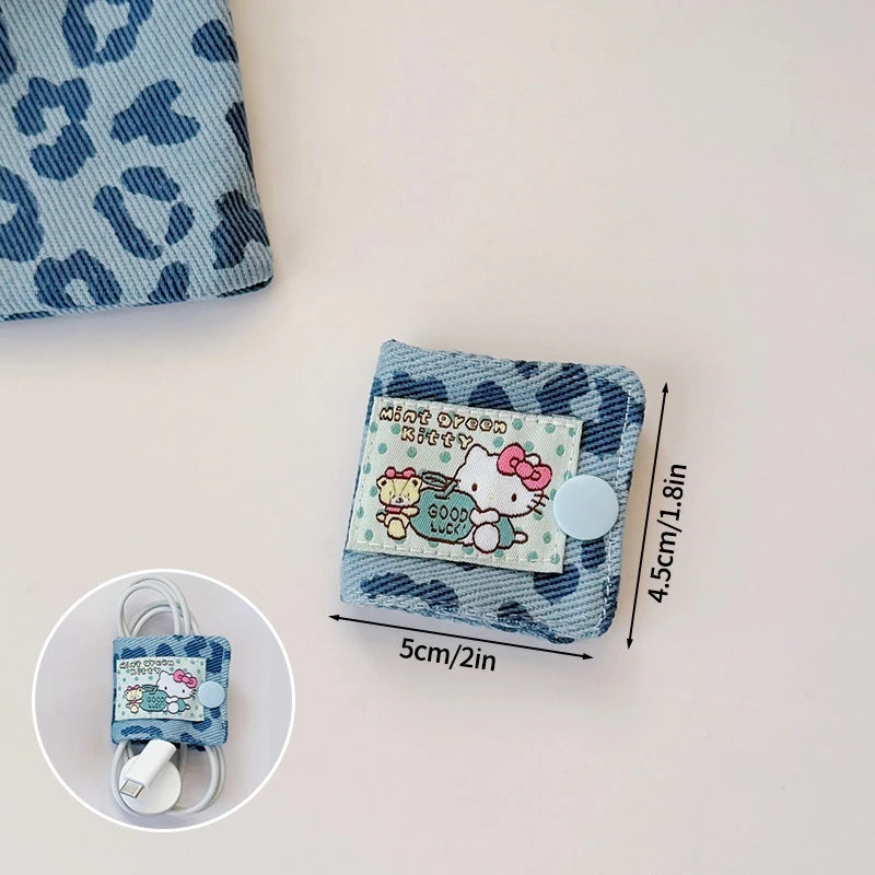Sanrio Hello Kitty Leopard Print Denim Fabric Data Cable Storage Clip Charging Cable Wired Earphone Brush Storage Gifts for Girl