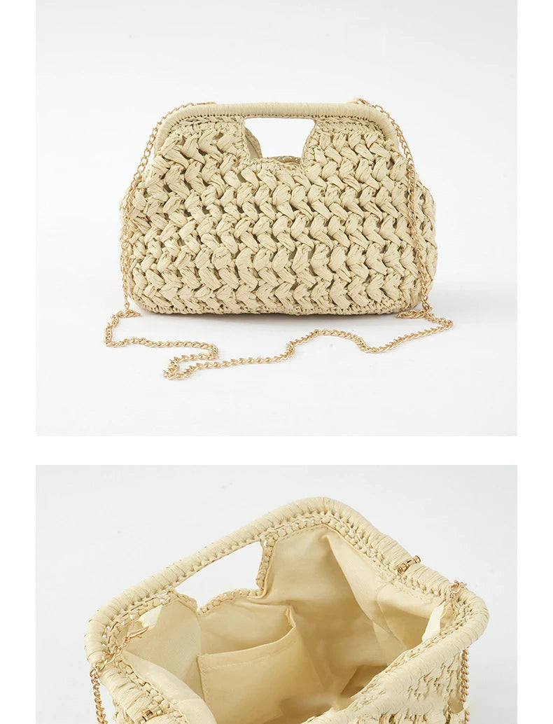 New Hollow Woven Bag Straw Clip Bag for Women Clutch Purse Crossbody Clip Bag Niche Summer