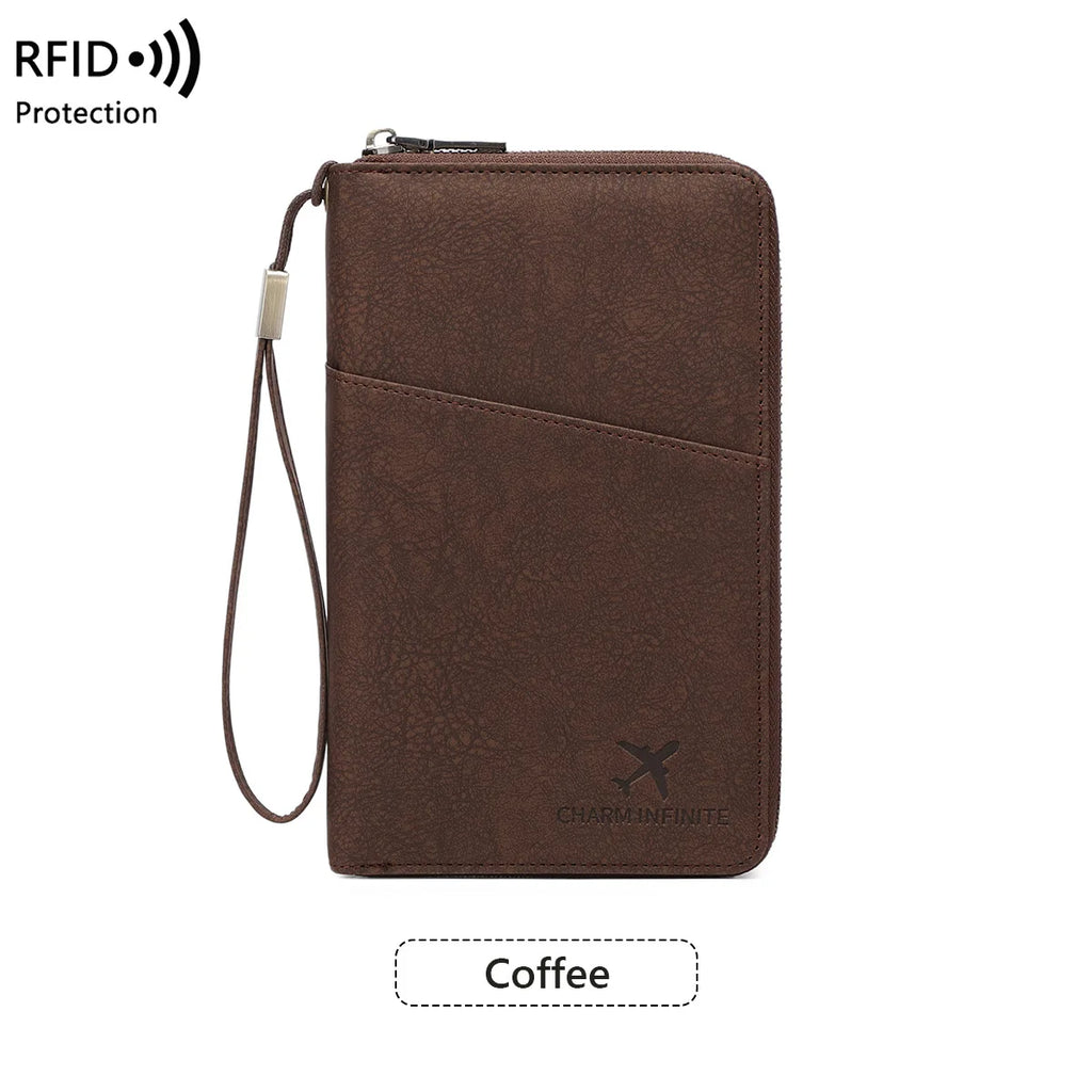 Multi-Functional RFID Blocking Passport Bag Travel Document Holder with Long Zipper Ticket Storage Wallet for Multiple Passports
