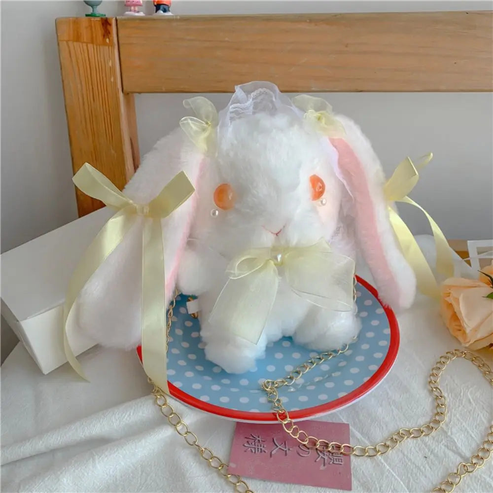 New Cute Bunny Plush Bag Lolita Shoulder Bag Kawaii Princess Sweet Pearl Chain Crossbody Bags Long-eared Rabbit Purse