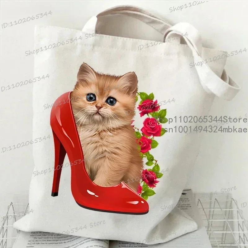 Funny Cow Cat Handbag Women Cartoon Aesthetics Kitten Design Shopping Bags Teen Cat Lover Reusable Tote Bag Female Shoulder Bag