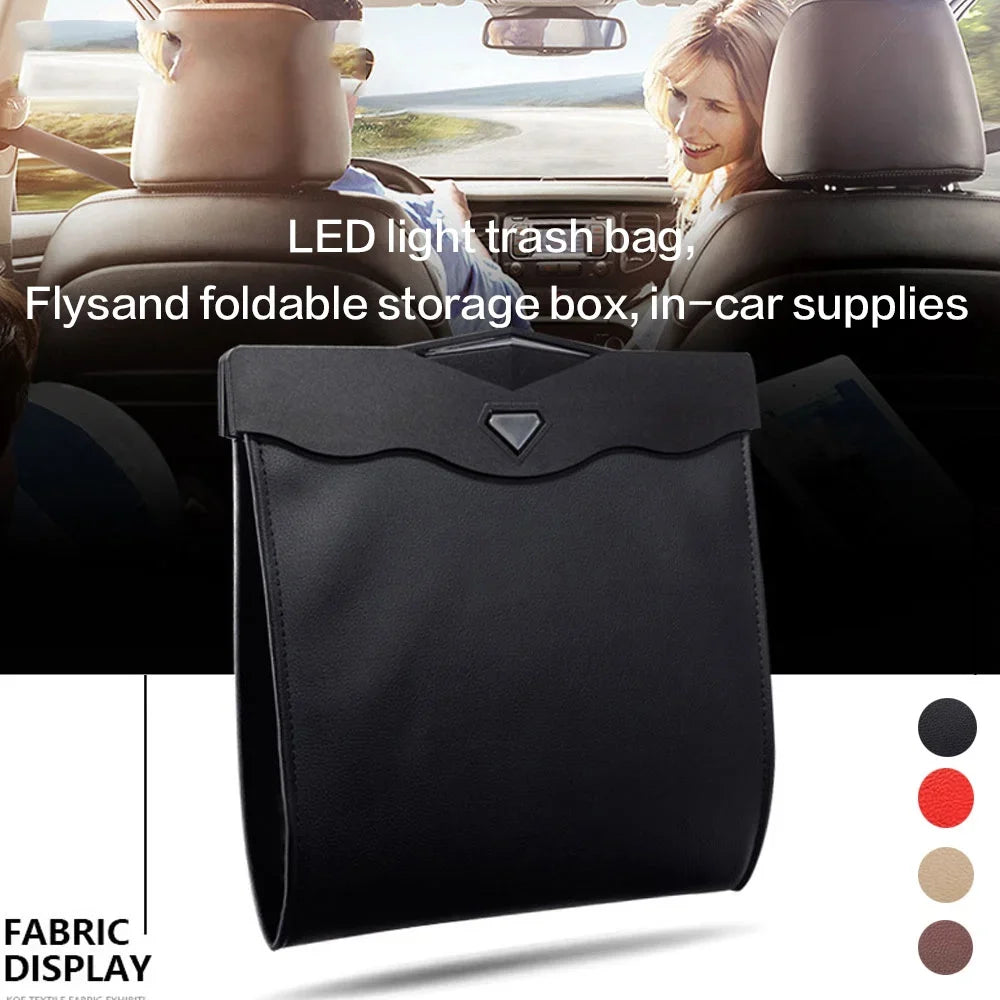 LED Car Garbage Bag Waterproof Magnetic Adsorption Trash Can Back Seat Hanging Leather Storage Pocket Leak-proof