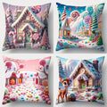 4-piece Candy House themed decorative pillowcase set, featuring gingerbread house and cute deer patterns, with zipper closure