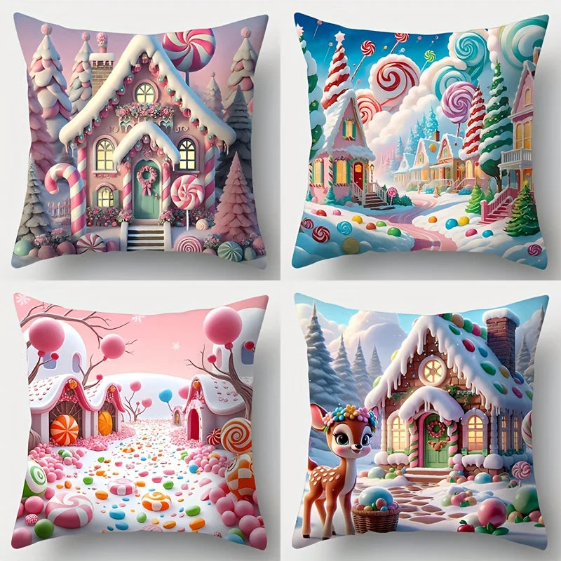4-piece Candy House themed decorative pillowcase set, featuring gingerbread house and cute deer patterns, with zipper closure