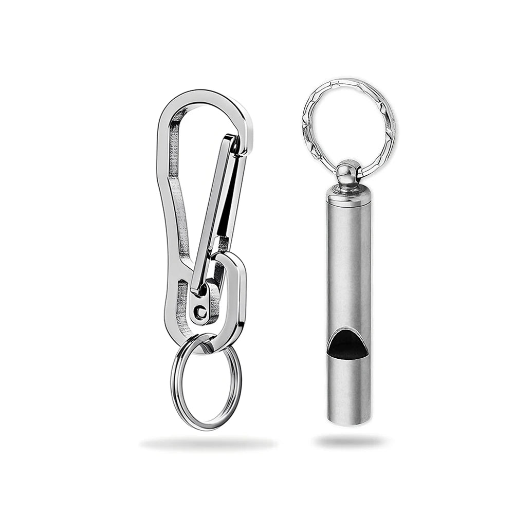 Portable Metal Carabiner Shape Key Ring Keyring Key Holder Clips Hook Holder Organizer Emergency Survival Whistle Keychain