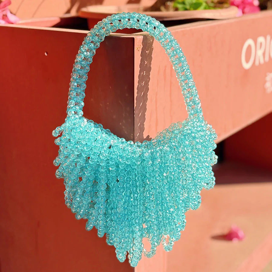 Crystal woven bag water blue temperament translucent hollow open handbag leisure travel bag