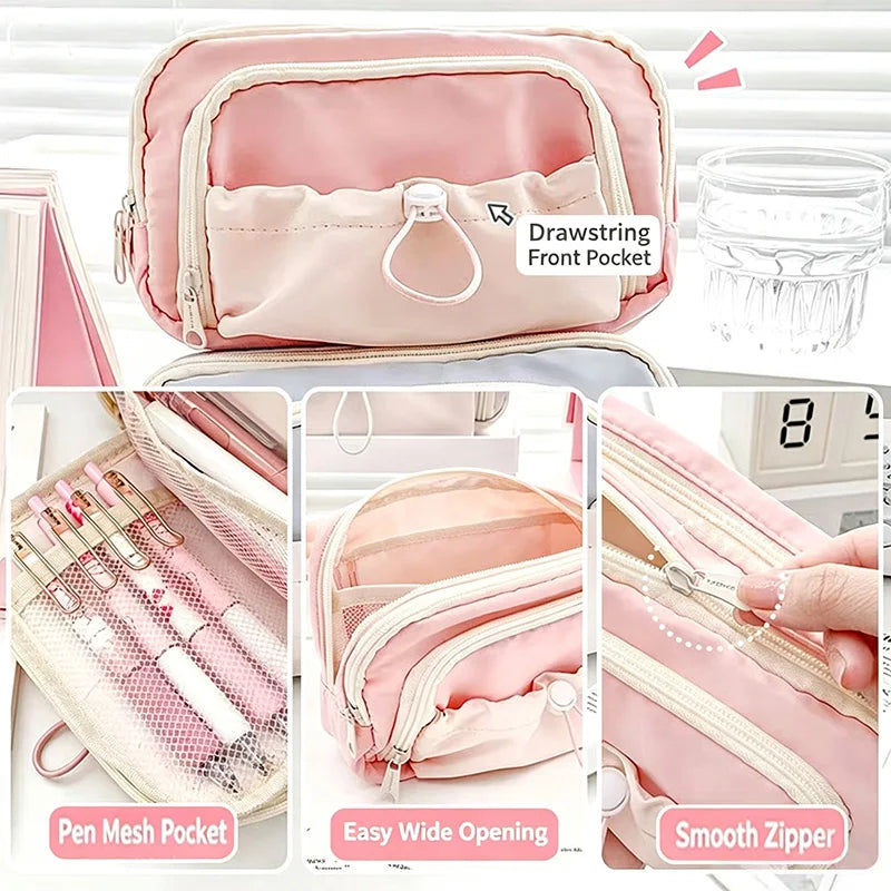 INS Pencil Case Large Capacity Pen Bag Cute Stationery Case Makeup Pouch Back to School Pink Pencil Case with Mesh Pocket 필통