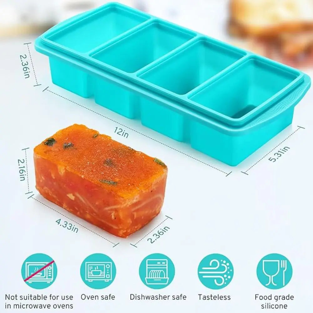 Set/Pcs Silicone Large Ice Cube Tray Non-stick Soup Freezer Container Freezing Tray with 4 Compartments for Storing with Lid