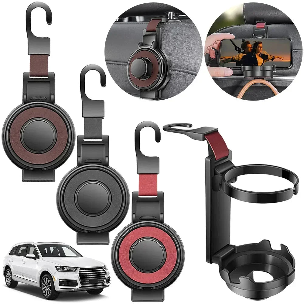 Foldable Multifunctional Hook for Car Seat Back with Car Purse Hook and Phone Holder Car Storage Hooks Hang Bags Cups and Phone