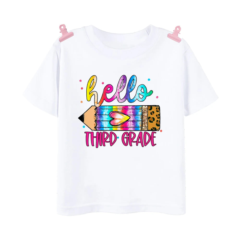 Hello First Grade Leopard Printed Kids Shirt 1-5 Grade Child Back To School Outfit  T-shirt Boys Girls Short Sleeve Tee Clothes