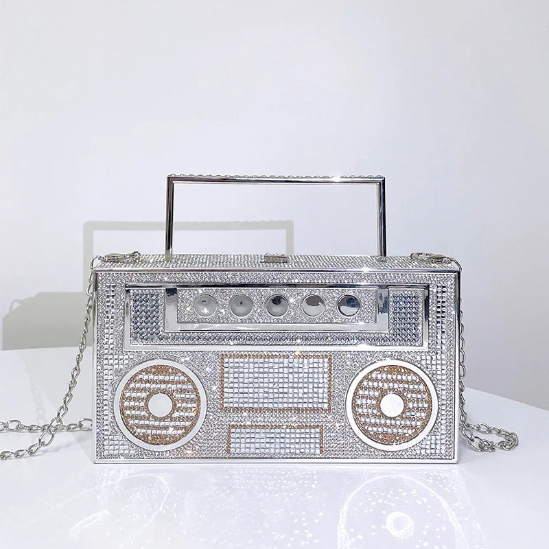 2024 Luxury Designer Full Diamond Evening Clutch Bag Ladies 3D Rhinestone Radio Handbag Fashion Party Shiny Crystal Shoulder Bag