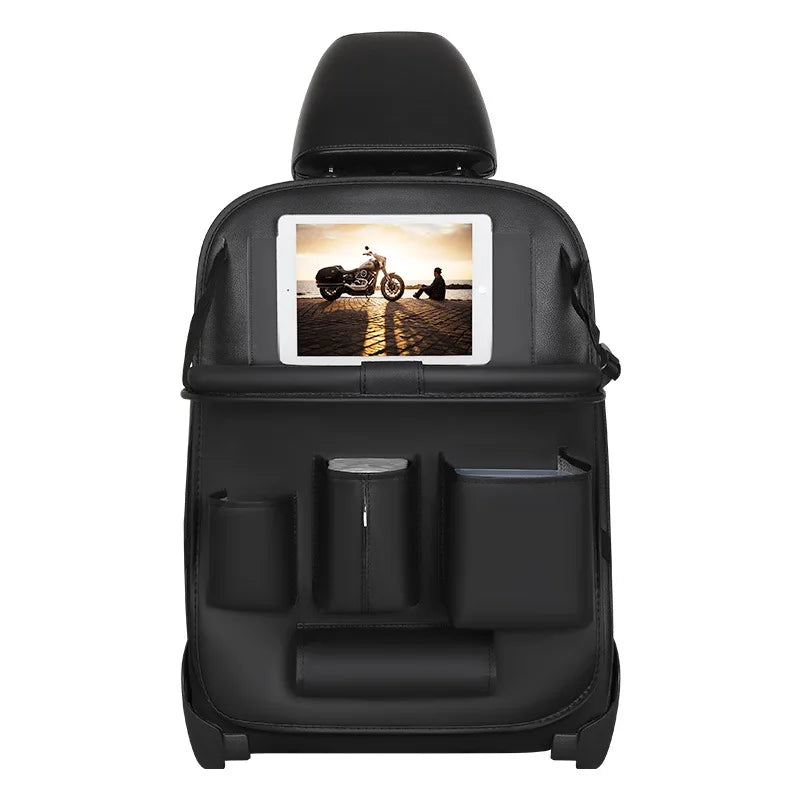 Car Seat Back Organizer With Foldable Table Tray Leather Auto Backseat Hanging Tissue Cup Holder Pockets Trash Can Bin Storage