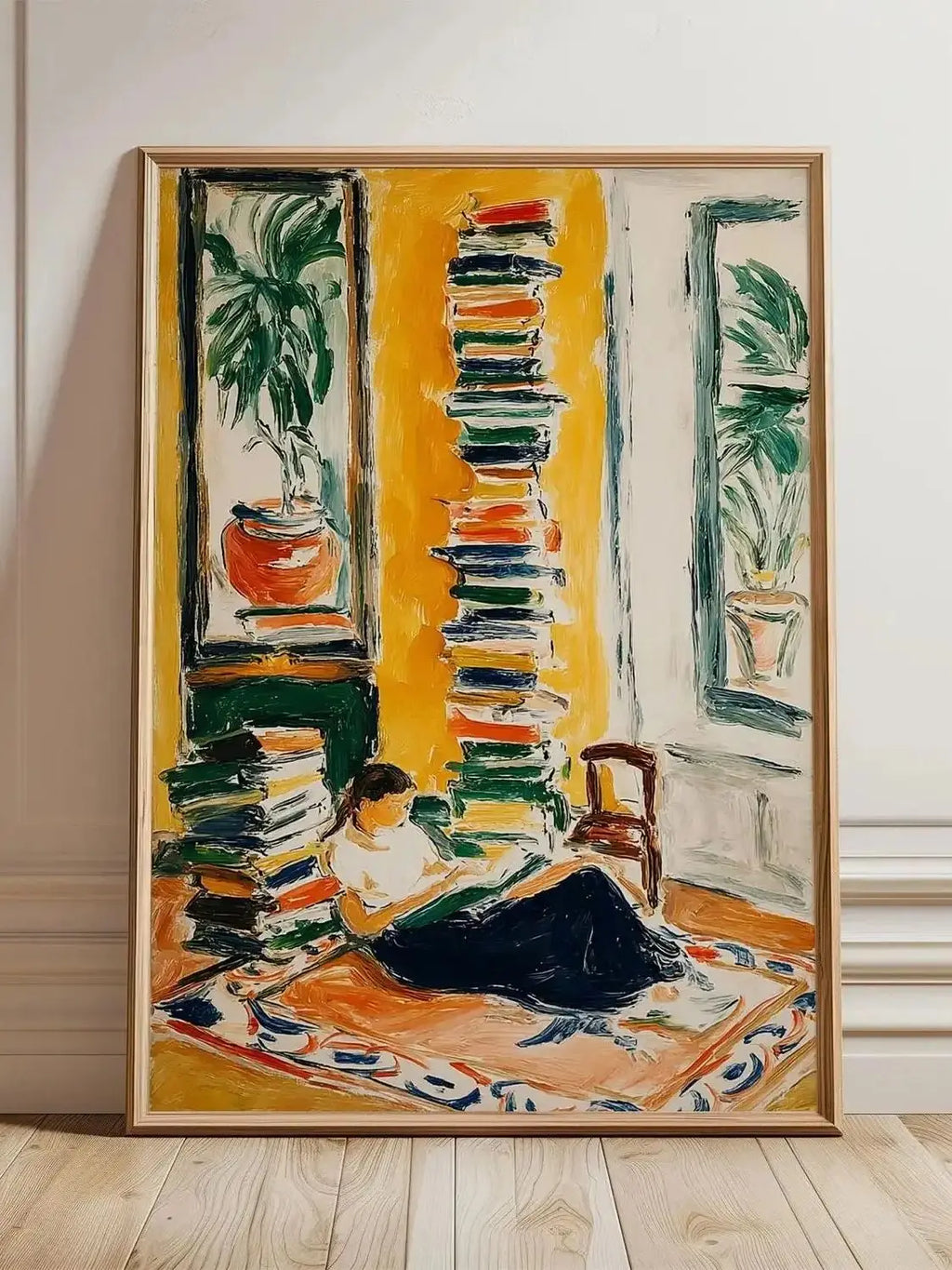 Woman Reading by the Window Poster, Cozy Book Lover Wall Art, Warm Yellow Interior Painting, Modern Impressionist Home Decor