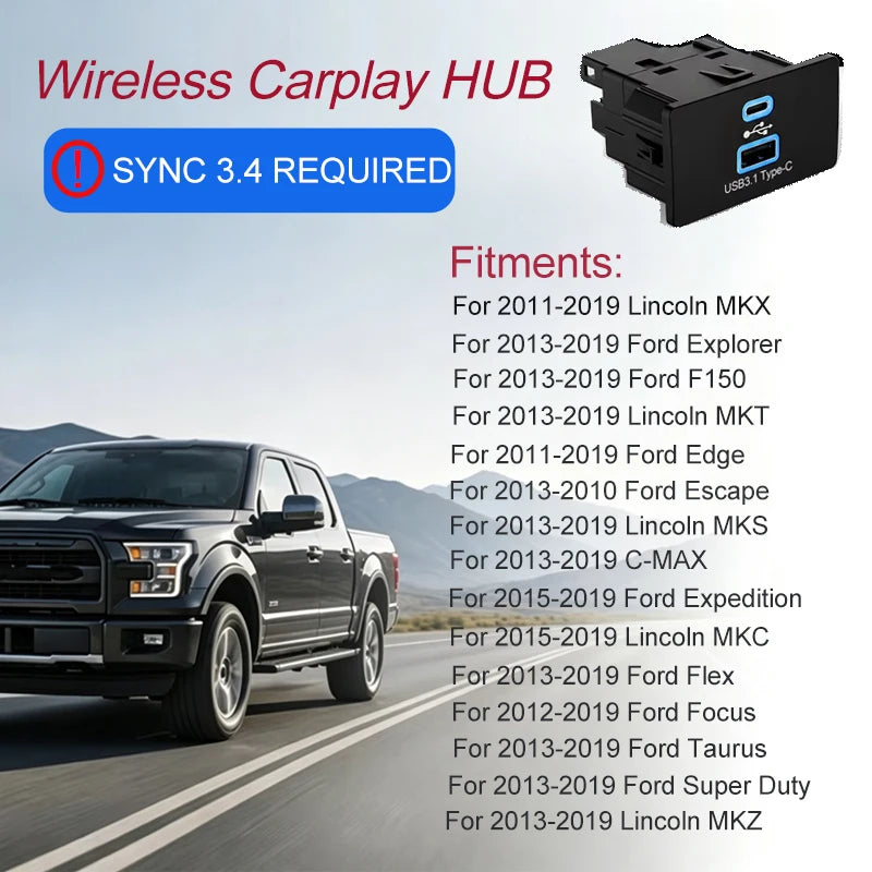 Wireless CarPlay Android Auto For Ford&Lincoln Raptor F150 Mustang Focus Kuga Mondeo Ranger Bronco USB HUB SYNC3.4 HC3Z-19A387