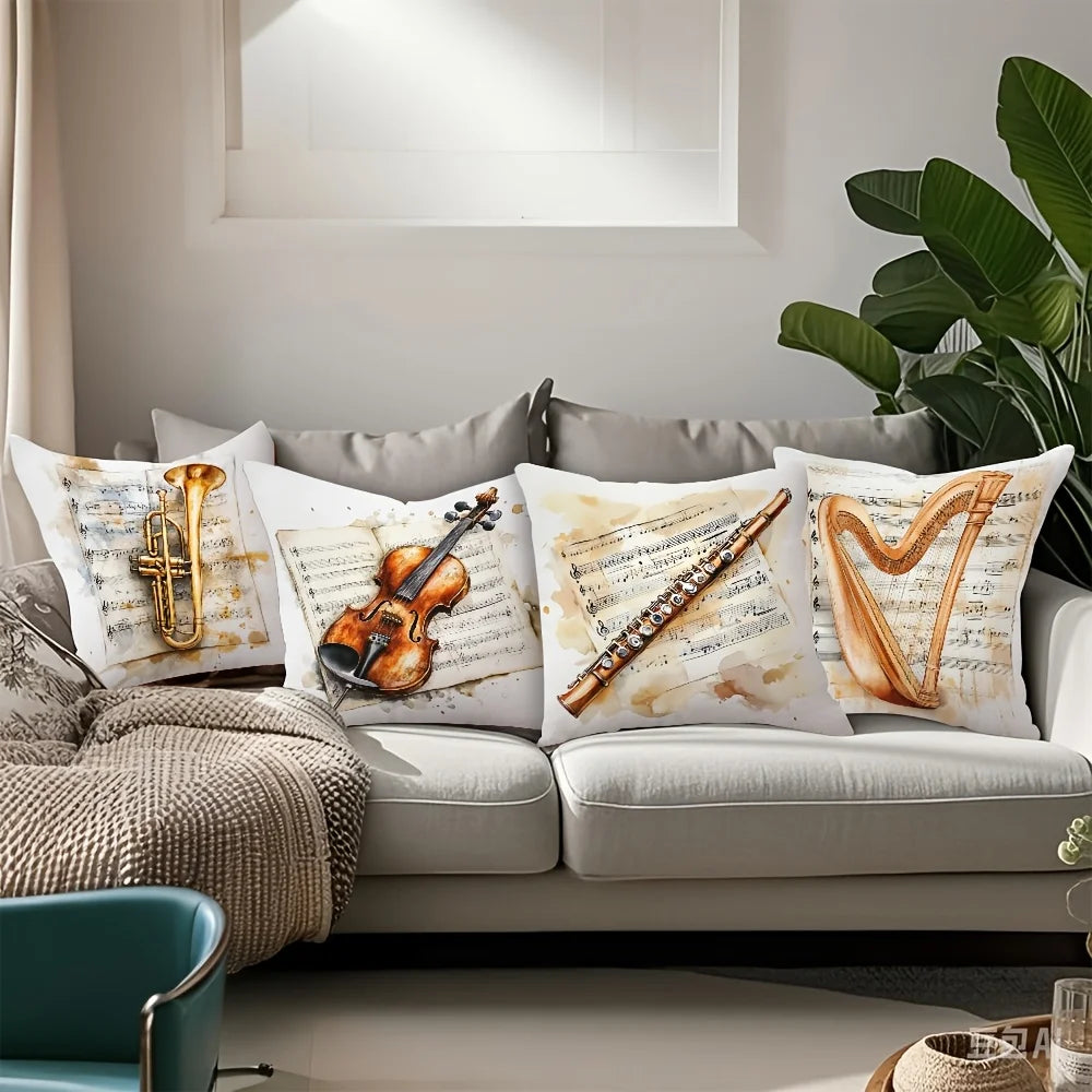 4-Piece Spring/Summer Decorative Pillowcase Set – Vintage Musical Instrument Design (Trumpet, Violin, Flute & Piano)