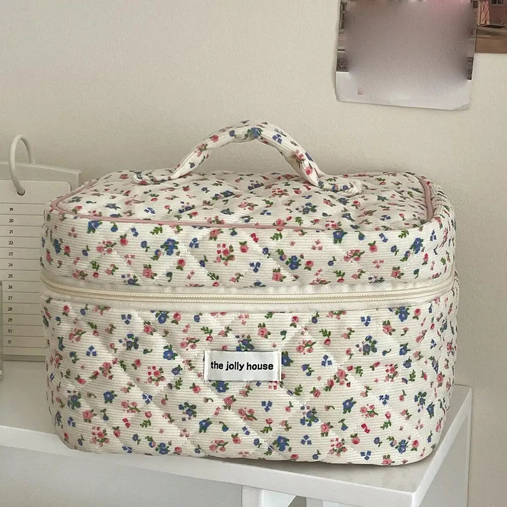 Flower Printed Puffy Quilted Zipper Makeup Bag Storage Organizer Toiletry Handbag Cosmetic Pouch Large Travel Cosmetic Bag