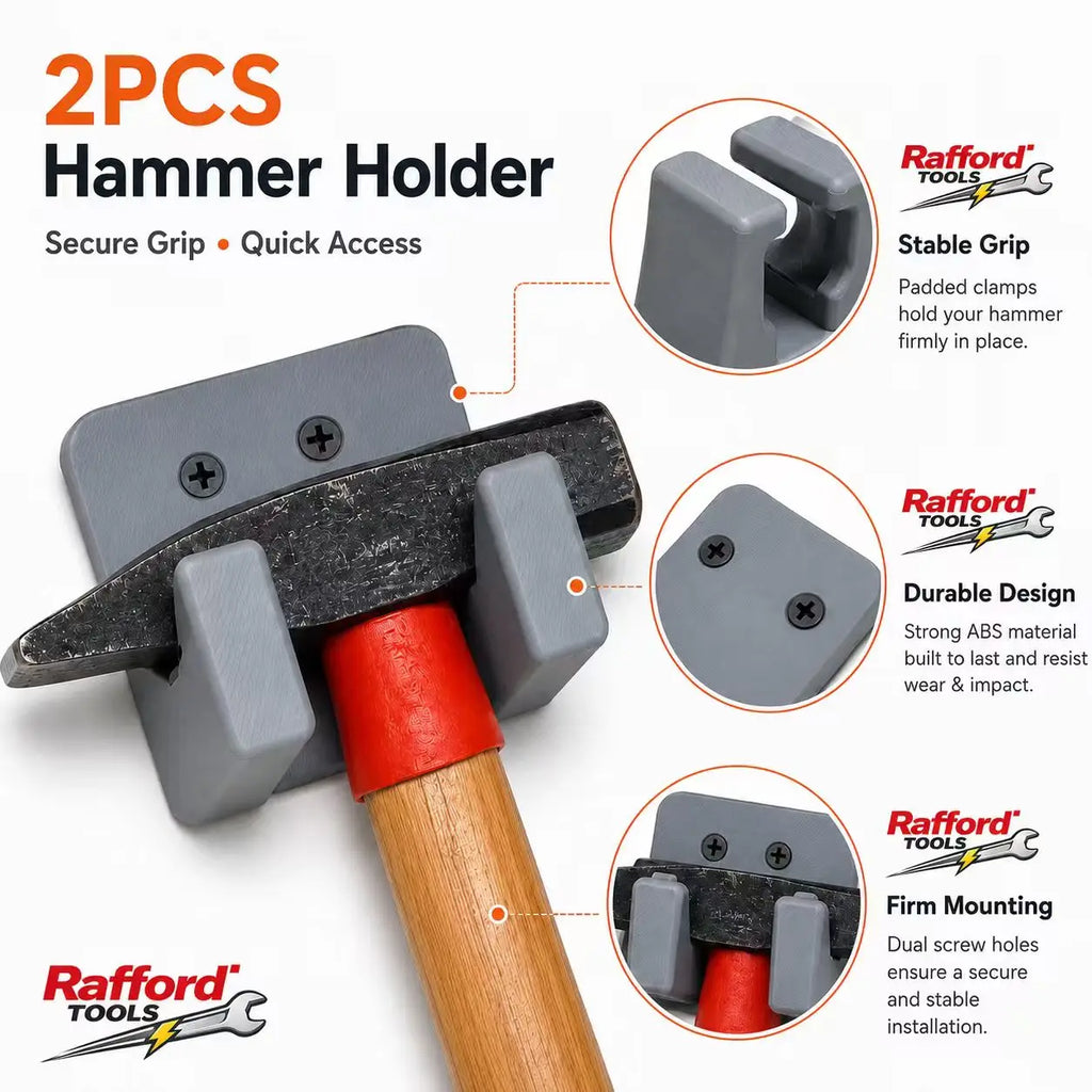 Rafford 1/2PCS Wall Mounted Hammer Holder, Heavy Duty Tool Storage Hook, Secure Grip Hammer Rack for Garage Workshop