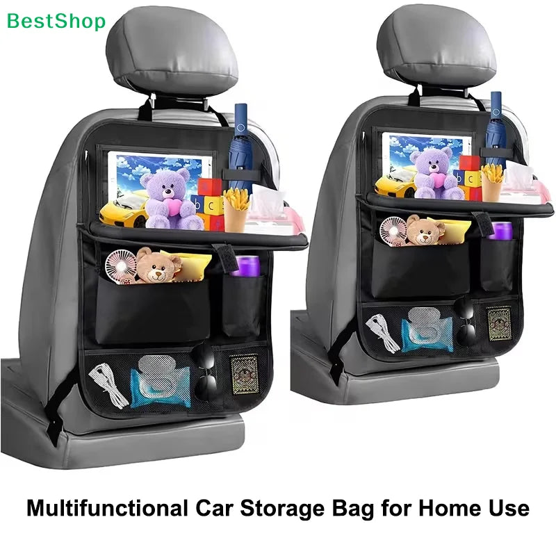 〔R〕Multifunctional Car Backseat Organizer with Foldable Tray,Tablet Pocket & Multiple Pockets,Waterproof Car Seat Storage Bag