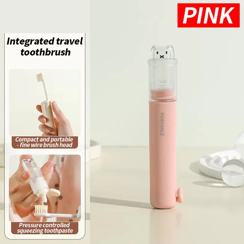 Cute 2 In 1 Foldable Travel Toothbrush Portable Toothpaste Storage Soft Bristle with Bear Dust Cover Macaron Colors