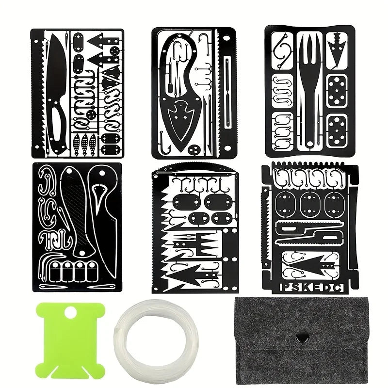 6pcs Multifunctional Fishing Tool Card Kit with Fishing Line for Outdoor Survival