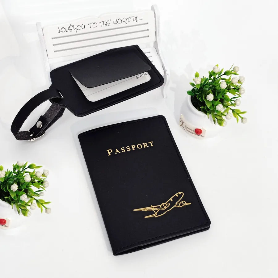 2PCS/Set Aircraft Passport Cover Luggage Tag With Name ID Card Anti-lost PU Leather Wallet Travel Accessories For Flight Lovers
