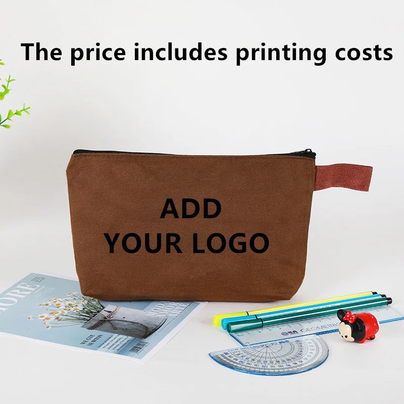 20/30/50/100bags/lot Customized Logo Colored Canvas Makeup Bag, Women's Handbag, Student Pencil Case 25x13x4.5cm