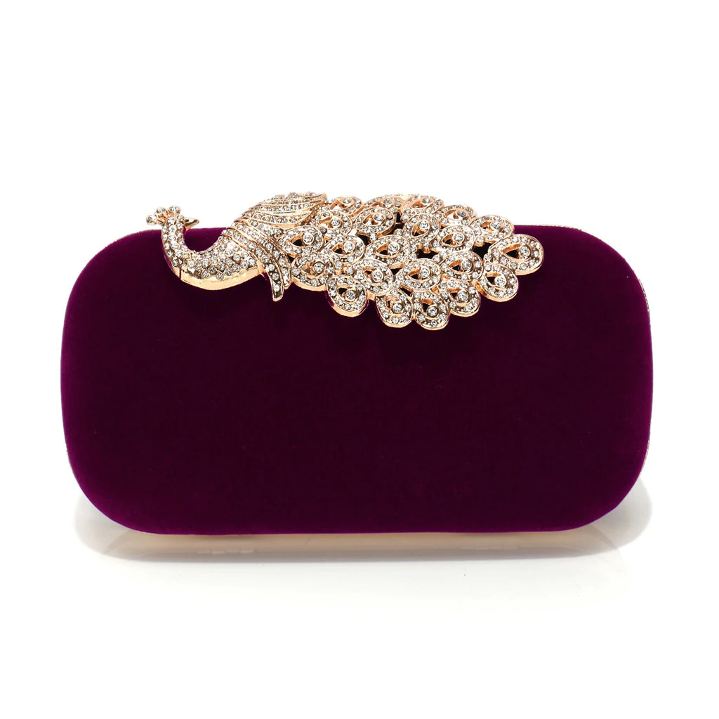 Animal Peacock Metal Shoulder Chain Evening Bags Rhinestones Velvet Small Clutch Bags Flap Design Red Color Lady Handbags