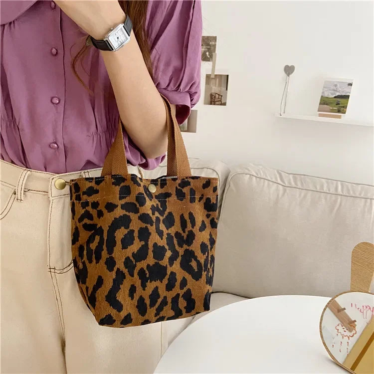 Casual Women Portable Lunch Bento Bag Retro Flower Ladies Small Handbags Thin Corduroy Female Shopper Clutch Purse Shoulder Bags