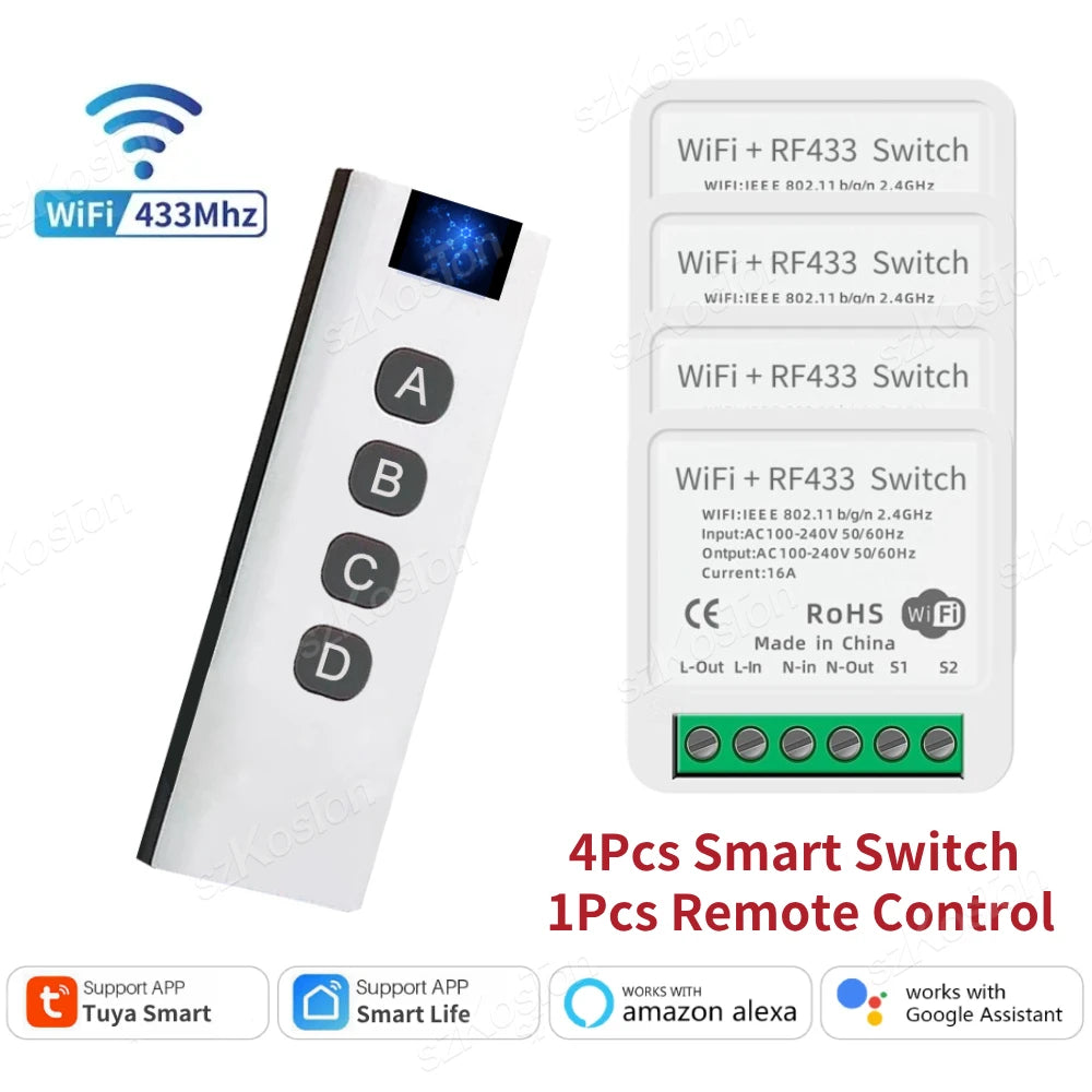Tuya RF433 WiFi Smart Switch Smart Home 1/2/3Gang Wireless Remote Control 16A Mini Relay Receiver Voice for Alexa Google