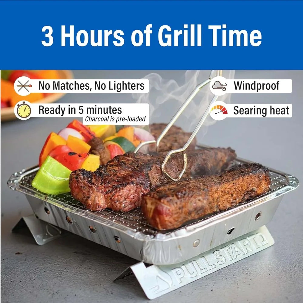 Pull Start Fire Portable Disposable Charcoal Grill Ready in 5 Min 3 Hour Burn Camping Tailgating Outdoor Cooking