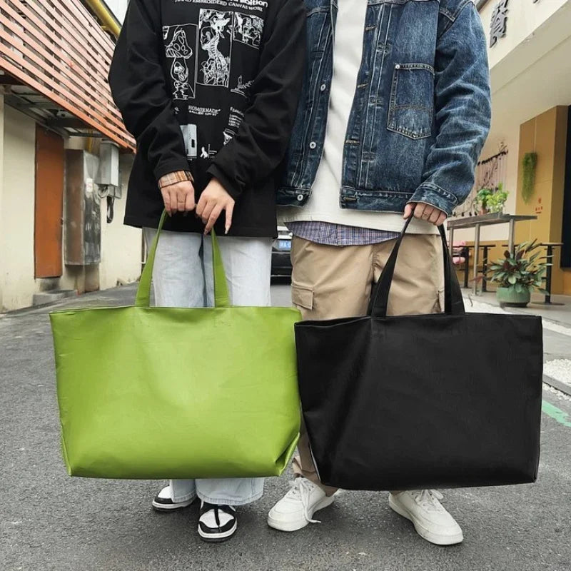 New PU Black Zipper Large Capacity Handbag Lightweight Soft Leather Shoulder Bag Unisex Simple Fashionable Versatile Tote Bags