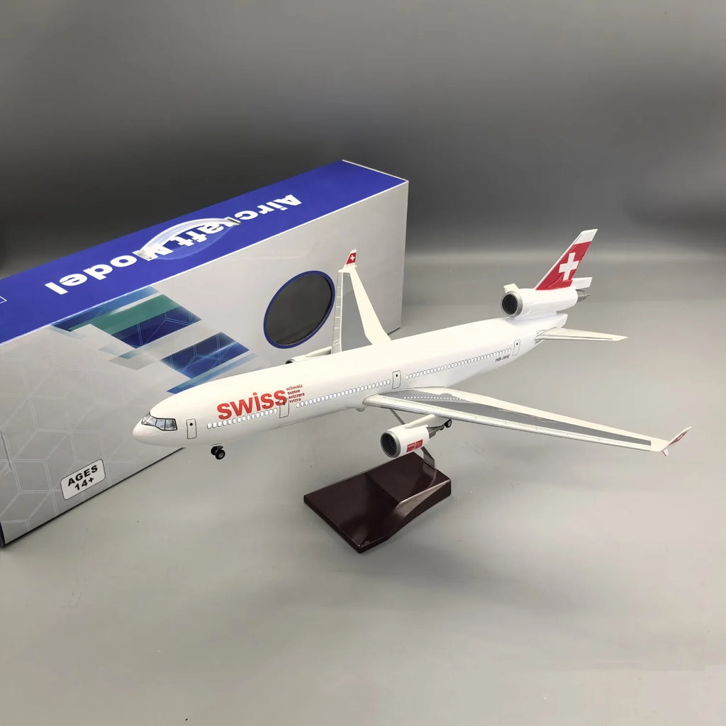 Md-11 Plane Model swiss Airlines resin Die-cast airplane Model Kit With Led Light & Stand toy planes for kids Collectible