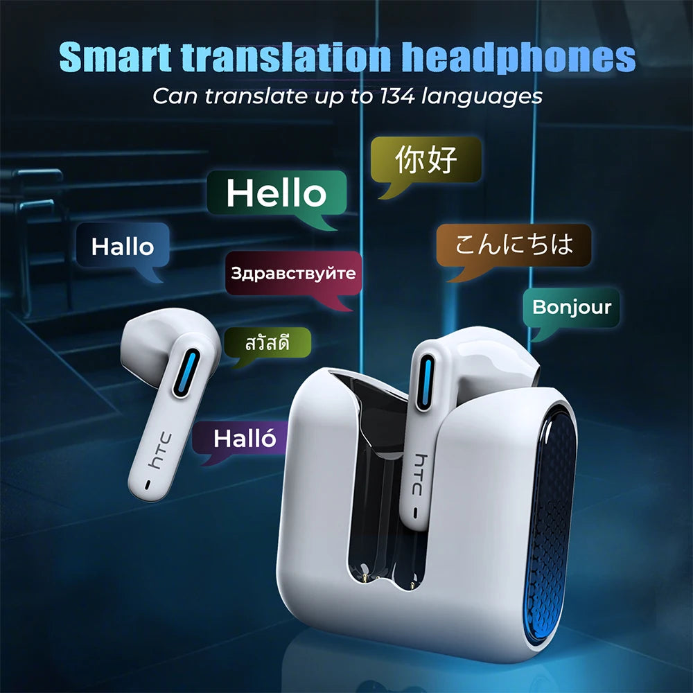 2026 Language Translator Earbuds HTC NE49 TWS Low Latency Gaming Earphones Bluetooth HiFi Stereo Sound HD Call With Mic