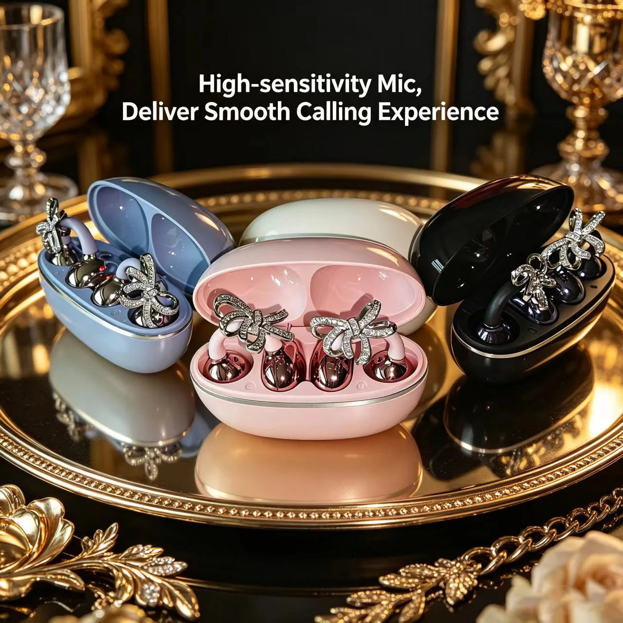 Shiny Crystal Bowknot OWS Clip Earbuds TWS Wireless Bluetooth 5.4 Low Latency Sport Headphones with Charging Case