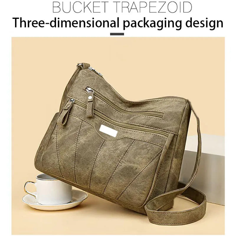 Durable Washed Faux Leather Shoulder Bag, Women's Multi‑pocket Crossbody Purse with Spacious Capacity for Everyday Life
