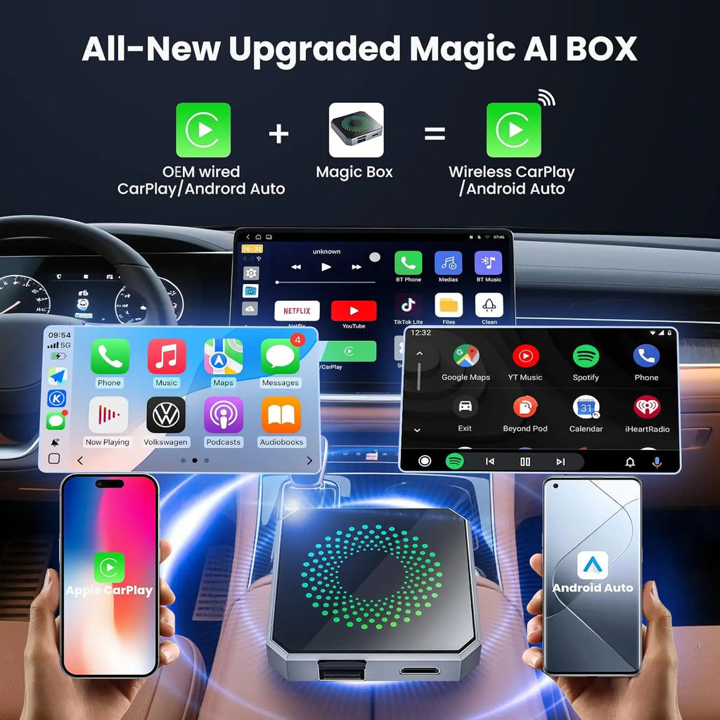 Wireless CarPlay and Android Auto adapters, compatible with Netflix and YouTube. The CarPlay AI box comes with USB-A and USB-C cables, suitable for iPhone and Android devices, converting a wired connection to wireless CarPlay