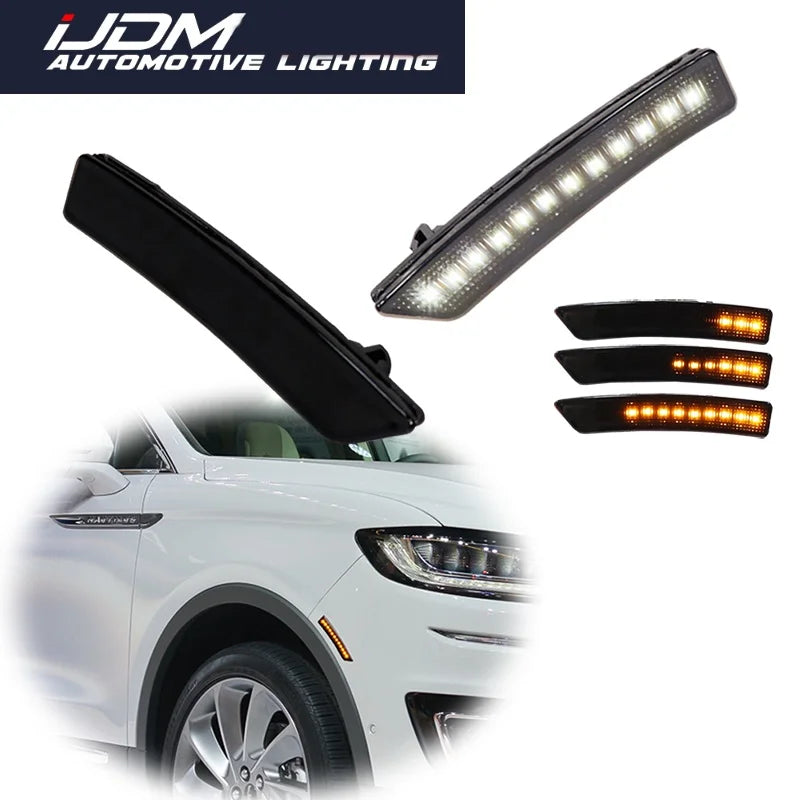 Dynamic Amber LED Front Side Marker Turn Signal Lights & White DRL/Driving Lights For Lincoln MKX 2016-2018 & Nautilus 2019-2022