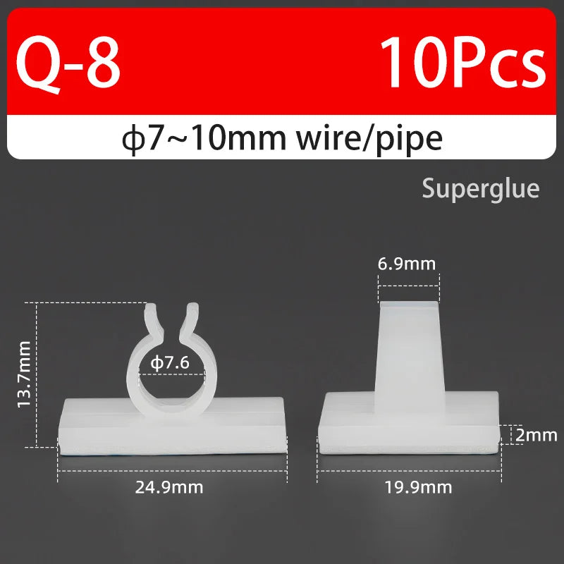 Q-type Cable Clips Holder Self-Adhesive Strong Glue Nylon PA66 Storage Cable Tie Water Pipe Clamp Fixing Seat No Drilling