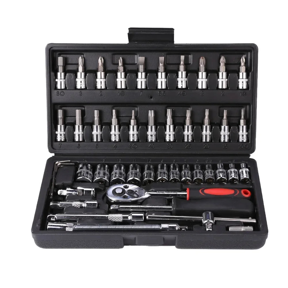 46pc Socket Wrench Set Household Chrome Vanadium Steel Motorcycle Auto Car Repair Tool Ratchet Torque Combo Mechanical Tools Box