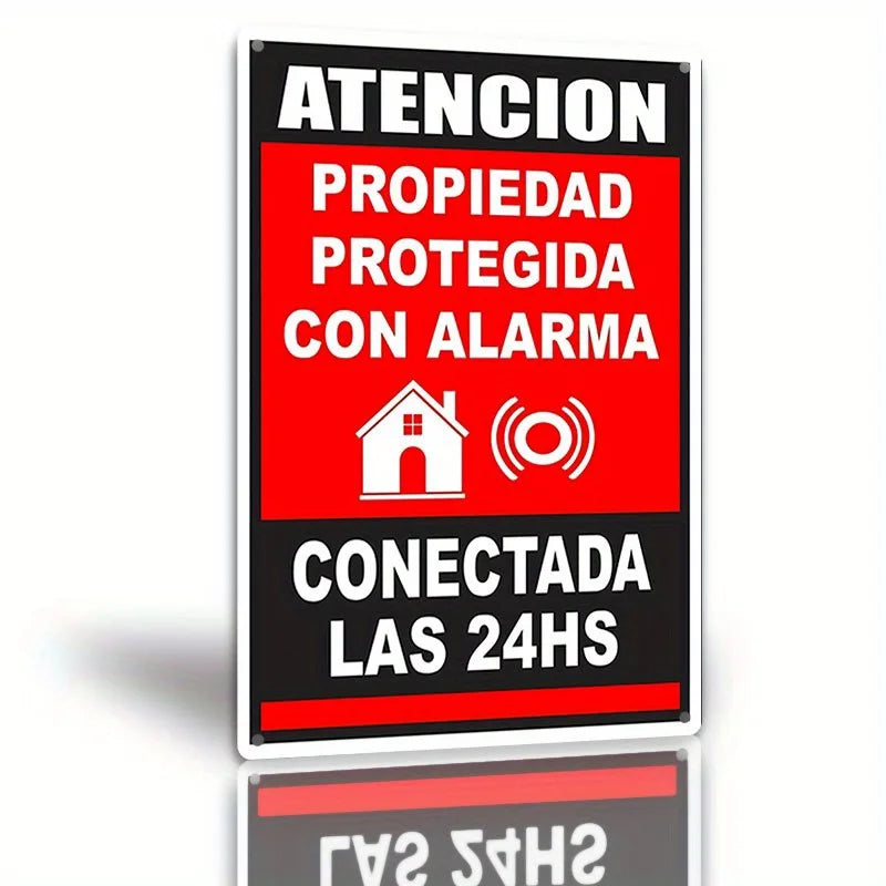 Metal Alarm System Warning Sign -  Spanish Security Wall Art Decor,   Property Protected Tin Plaque for Home, Garage, Shop