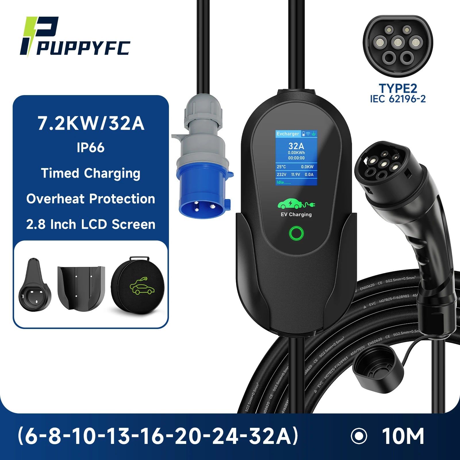Puppyfc 7.2KW Portable EV Charger 32A Type1/Type 2Fast Home Electric Car Charging Station WiFi Control IP66 Waterproof Overload
