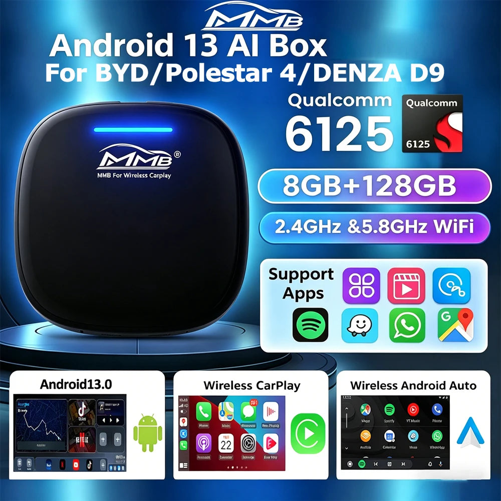 MMB Wireless CarPlay Android Auto AI Box Android13 QCM6125 8-Cores BT5.2 Auto Connection GPS for BYD Seallion DENZA D9 Polestar4
