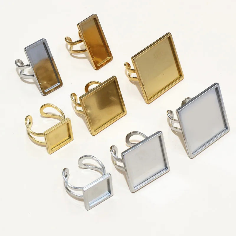 5pcs Stainless Steel Square Rectangle Thick Adjustable Ring Blank Base Settings ,Fit 12/20/25mm Cabochons DIY Rings Bezel Tray