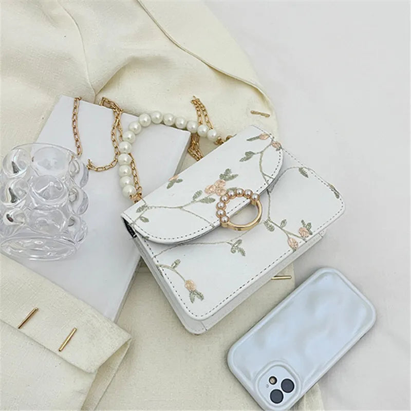 Chic Pearl Handbag for Women Stylish Lace Chain Single Shoulder Bag Synthetic Leather Square Small Tote Bag Women Party Daily