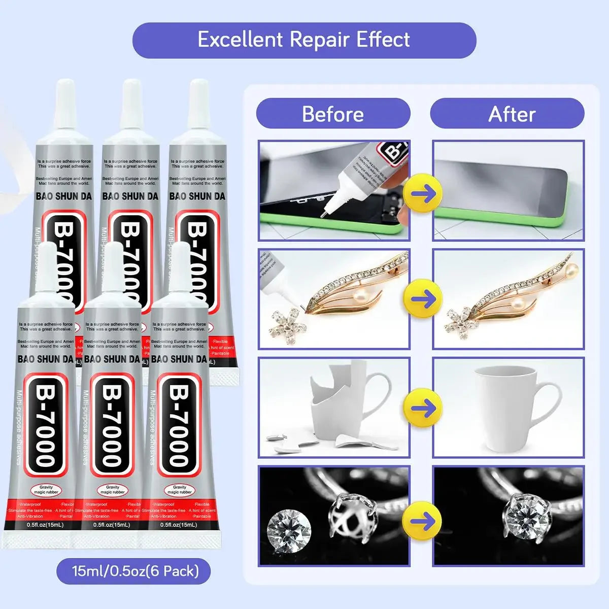 1/2/3Pcs B7000 Transparent Epoxy Glue, Contact Phone Repair Adhesive Glass Plastic Universal DIY Glue , with Precision Tip,Multi