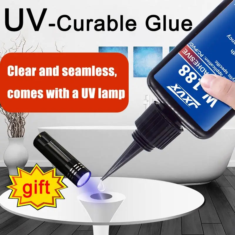 50ml New W-188 UV-Curing Resin Adhesive, High-Strength suitable for DIY projects, bonding and welding glass, metal, ceramics, and ABS materials Includes UV curing lamp, 1-3 pcs.
